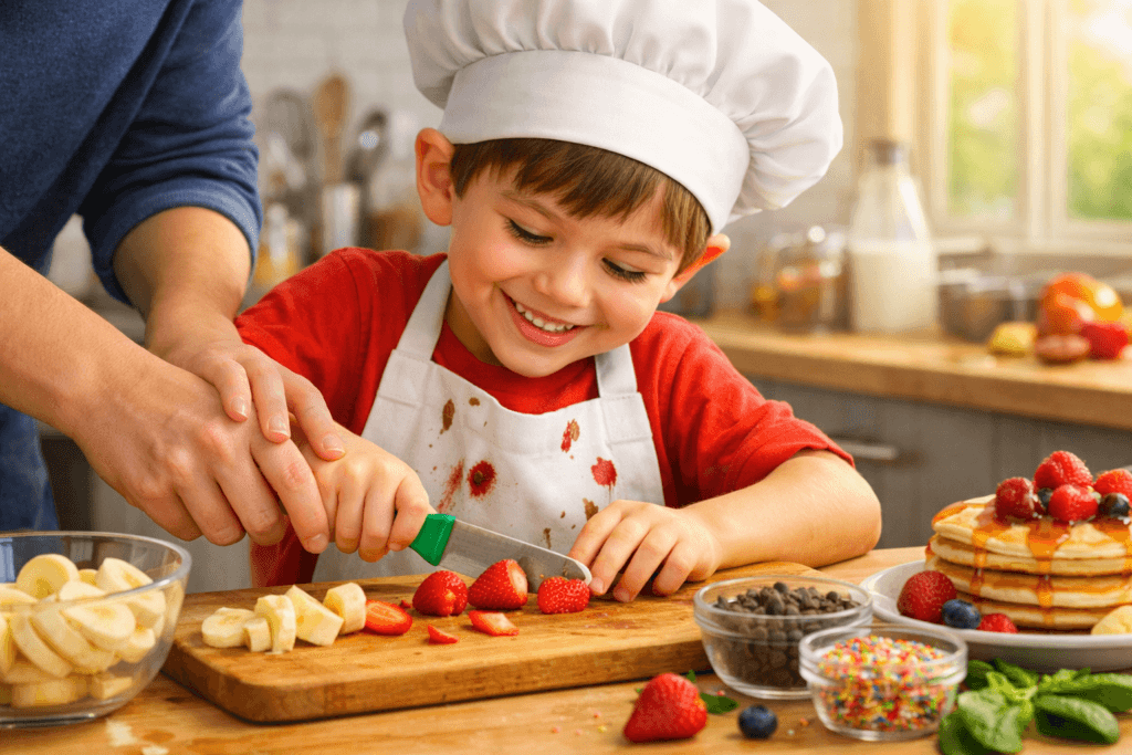 Padre e hijo cocinando juntos y cortando fresas en una tabla de madera