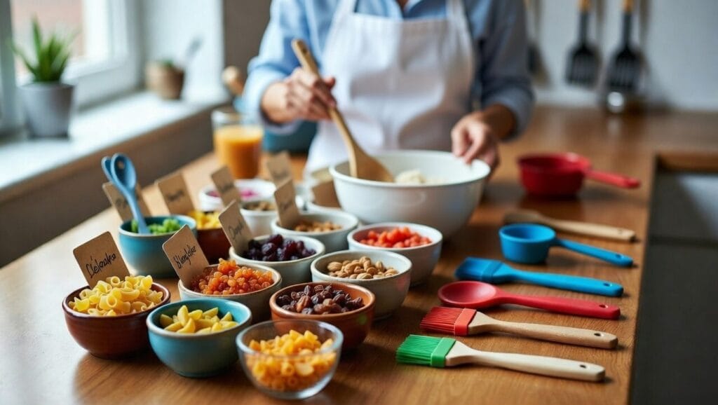 Mise en place para niños preparando ingredientes en la cocina