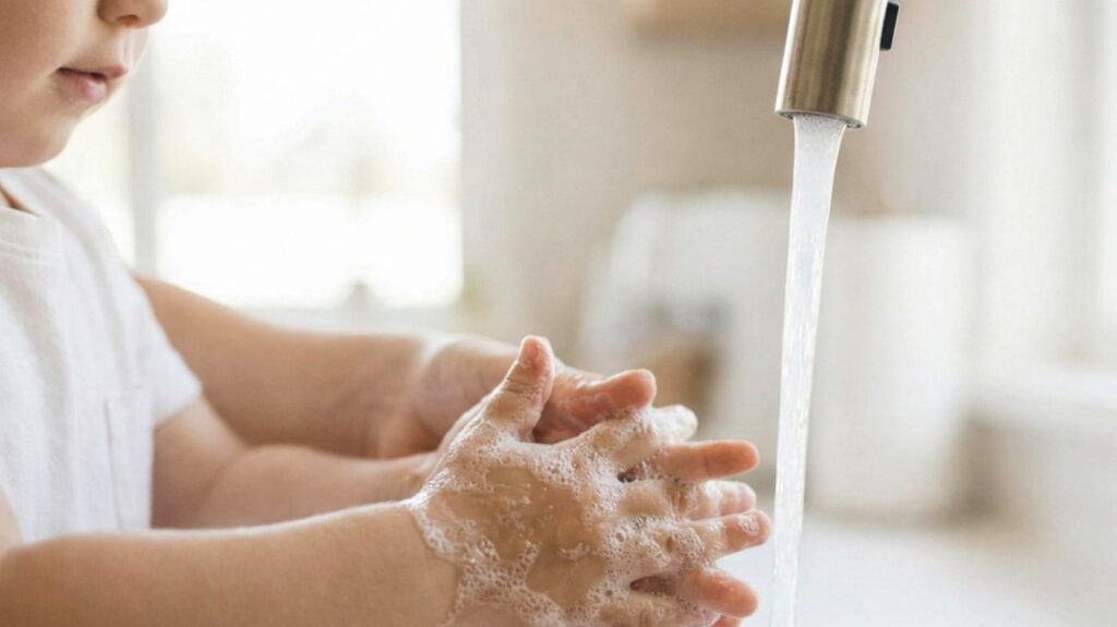 Niño lavándose las manos con jabón en la cocina